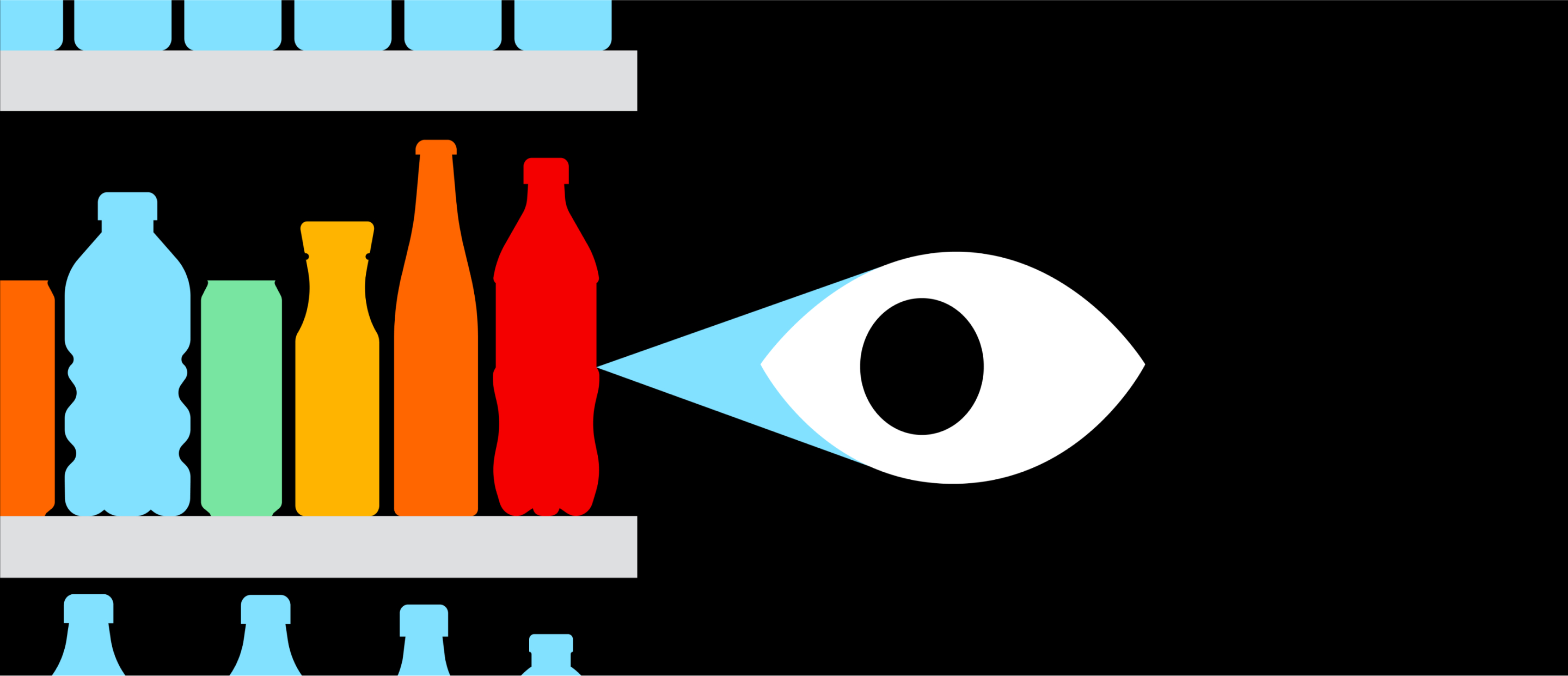 Vector image of an eye looking at bottles on shelves 