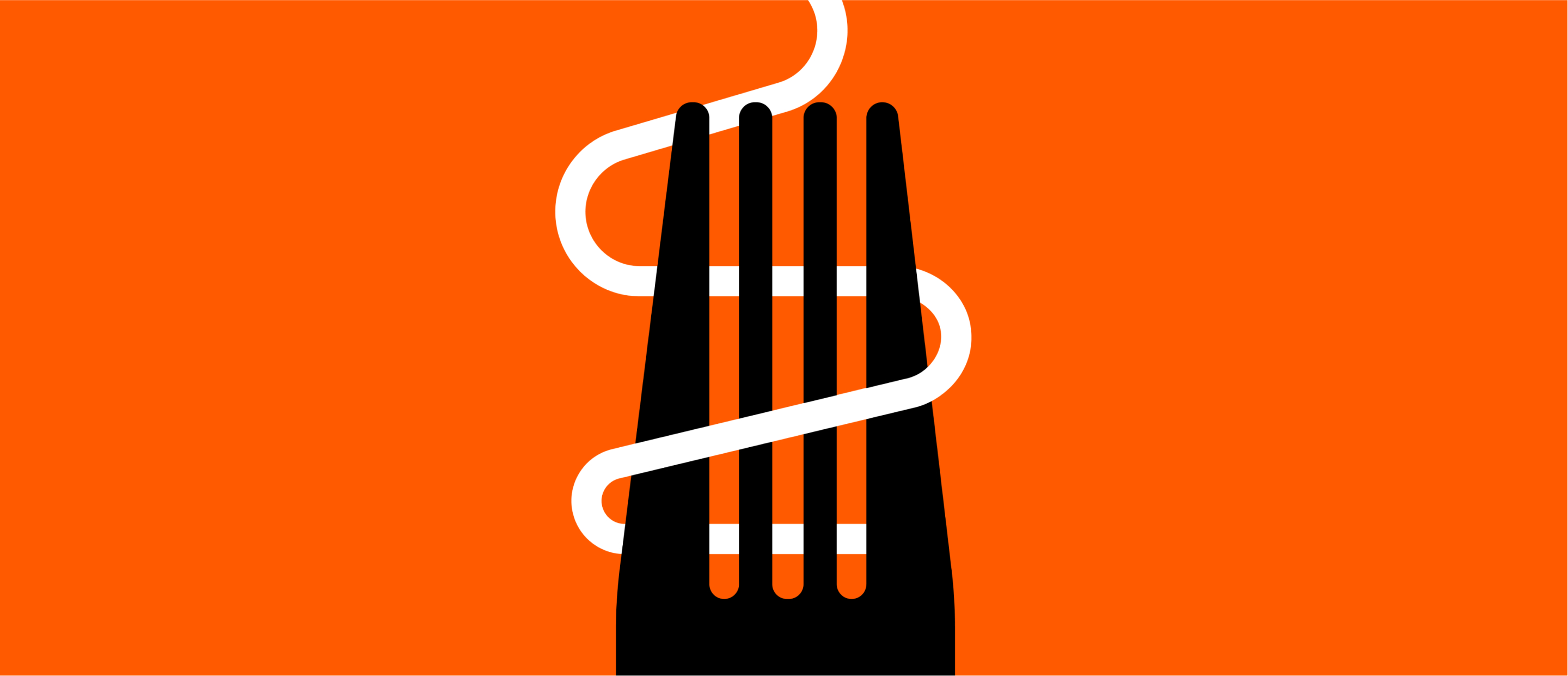 illistration of a black fork against an orange background with a single strand of spaghetti wrapped around the fork 