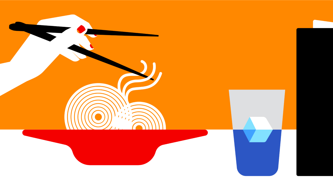 Illustration of a of a hand reaching with chopsticks to pull noodles from a bowl